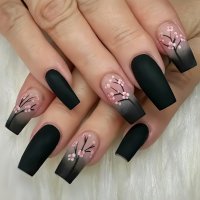 NA081 - Black Plant Flower Manicure Nails